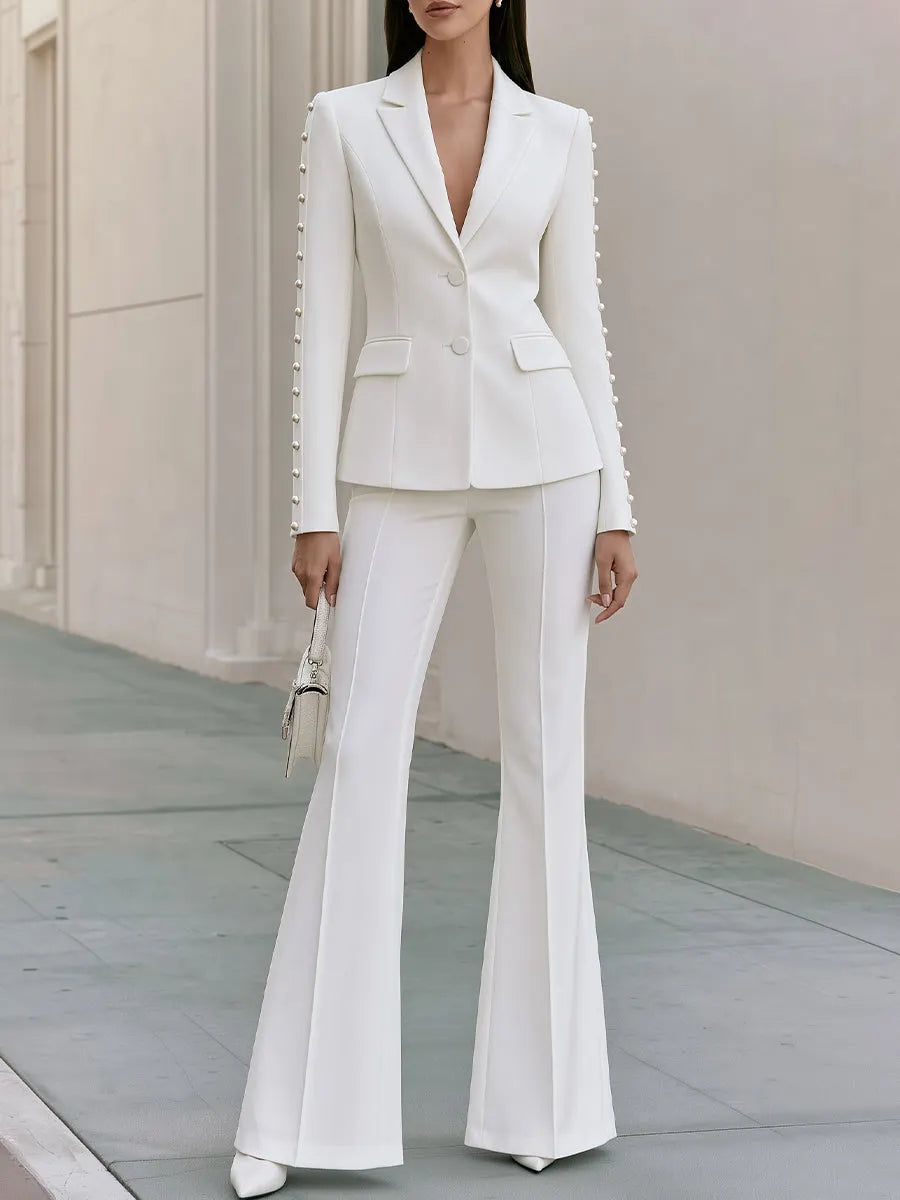 Women's Pearl Beaded Sleeve Blazer & Flare Pants Two-Piece Suit Set