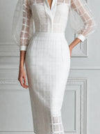 White Dress Sheer Plaid Puff Sleeve Pencil Midi Dress