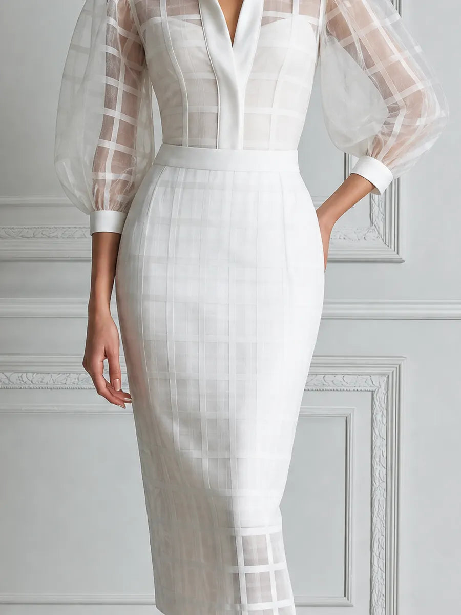 White Dress Sheer Plaid Puff Sleeve Pencil Midi Dress