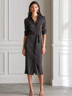Dark Gray Vertical Pinstripe Collared Shirt Midi Dress