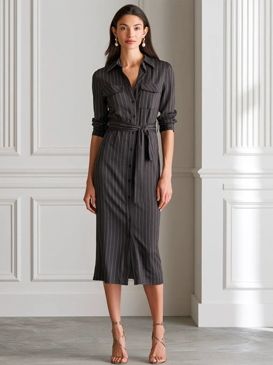 Dark Gray Vertical Pinstripe Collared Shirt Midi Dress