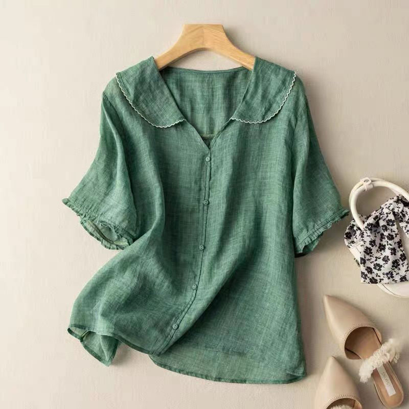 Women's Casual Short-sleeved Sailor Collar Linen Blend Blouse