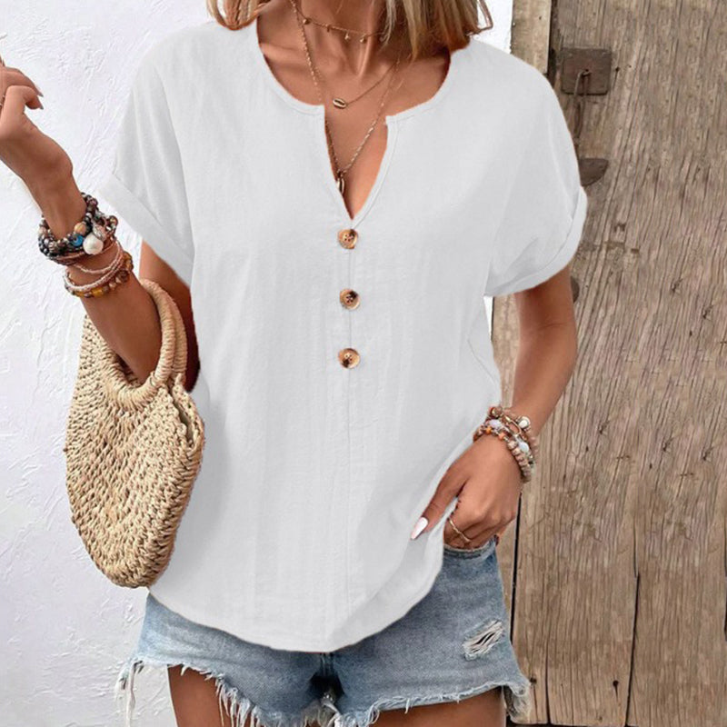 Women's Solid Color Button Linen V-neck T-shirt
