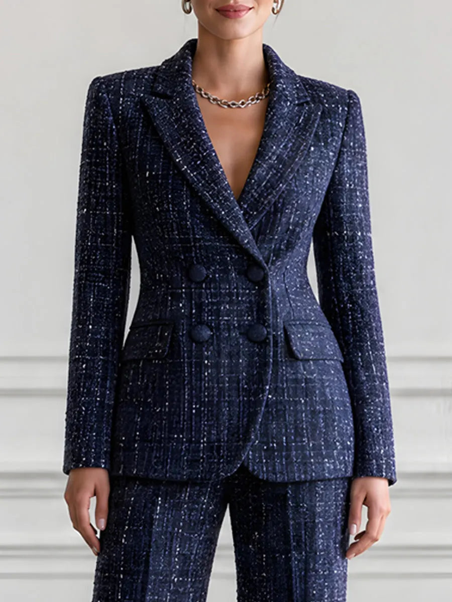 Flecked Tweed Double Breasted Blazer & Wide Leg Pants Suit