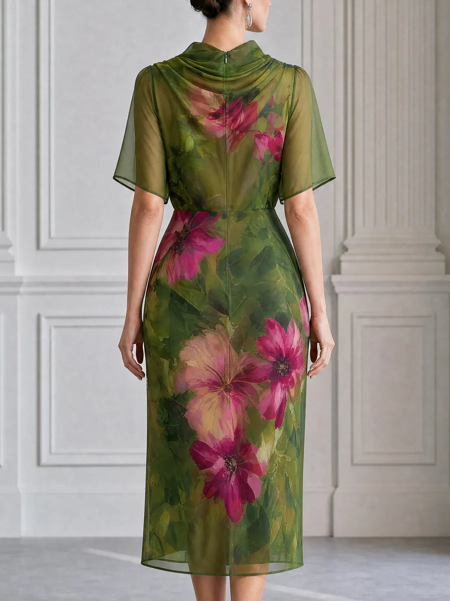 Elegant Floral Print Draped Cowl Neck Chiffon Midi Dress