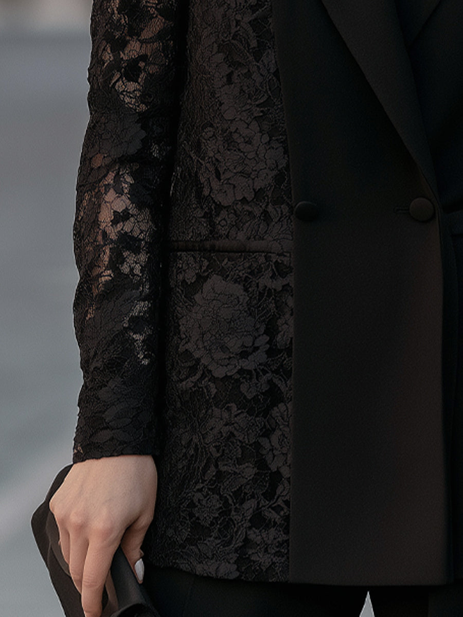 Lace Panel Double-Breasted Blazer