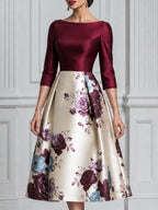Burgundy Satin Bodice Floral Print A-Line Midi Dress