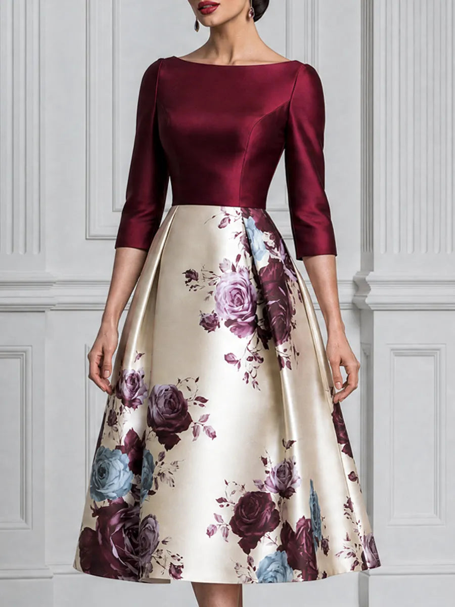 Burgundy Satin Bodice Floral Print A-Line Midi Dress