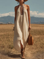 Western-Style Retro Sleeveless Maxi Dress with Contrast Binding