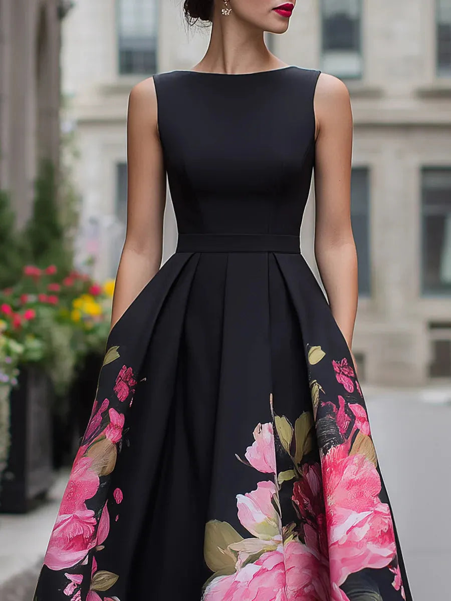 Elegant Sleeveless Midi Dress With Floral Printed