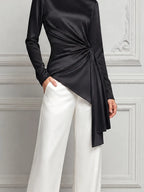 Black Satin Draped Blouse & White Wide Leg Pants Set