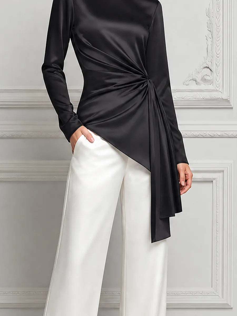 Black Satin Draped Blouse & White Wide Leg Pants Set