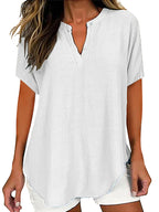 Solid Color V Neck Short Sleeve Linen Blend Shirt