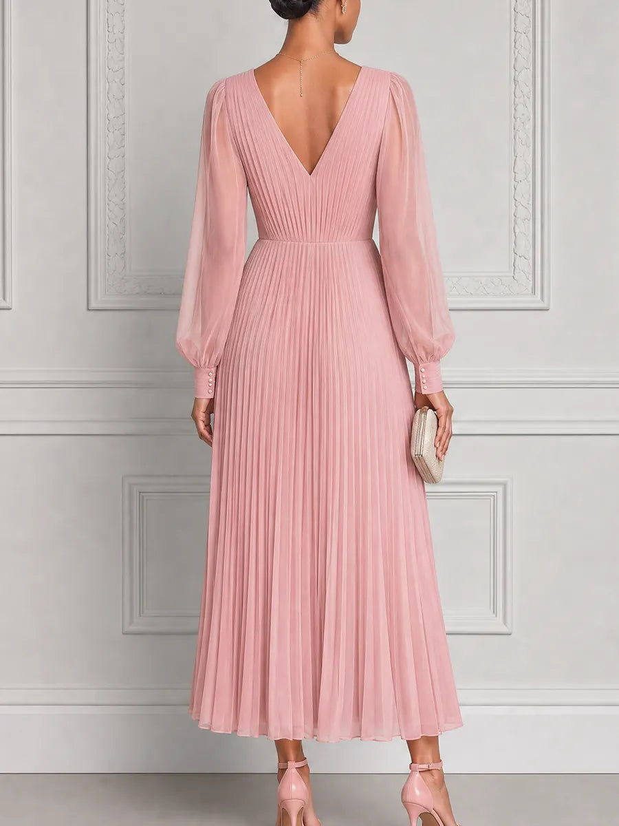 Pink Dress Fall Wedding Guest Dress Pleated Chiffon Maxi Dress