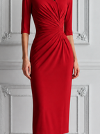 Red Dress Fall Wedding Guest Dress Ruched Keyhole Pencil Midi Dress
