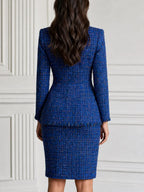 Elegant Royal Blue Tweed Fringe Blazer & Pencil Skirt Set