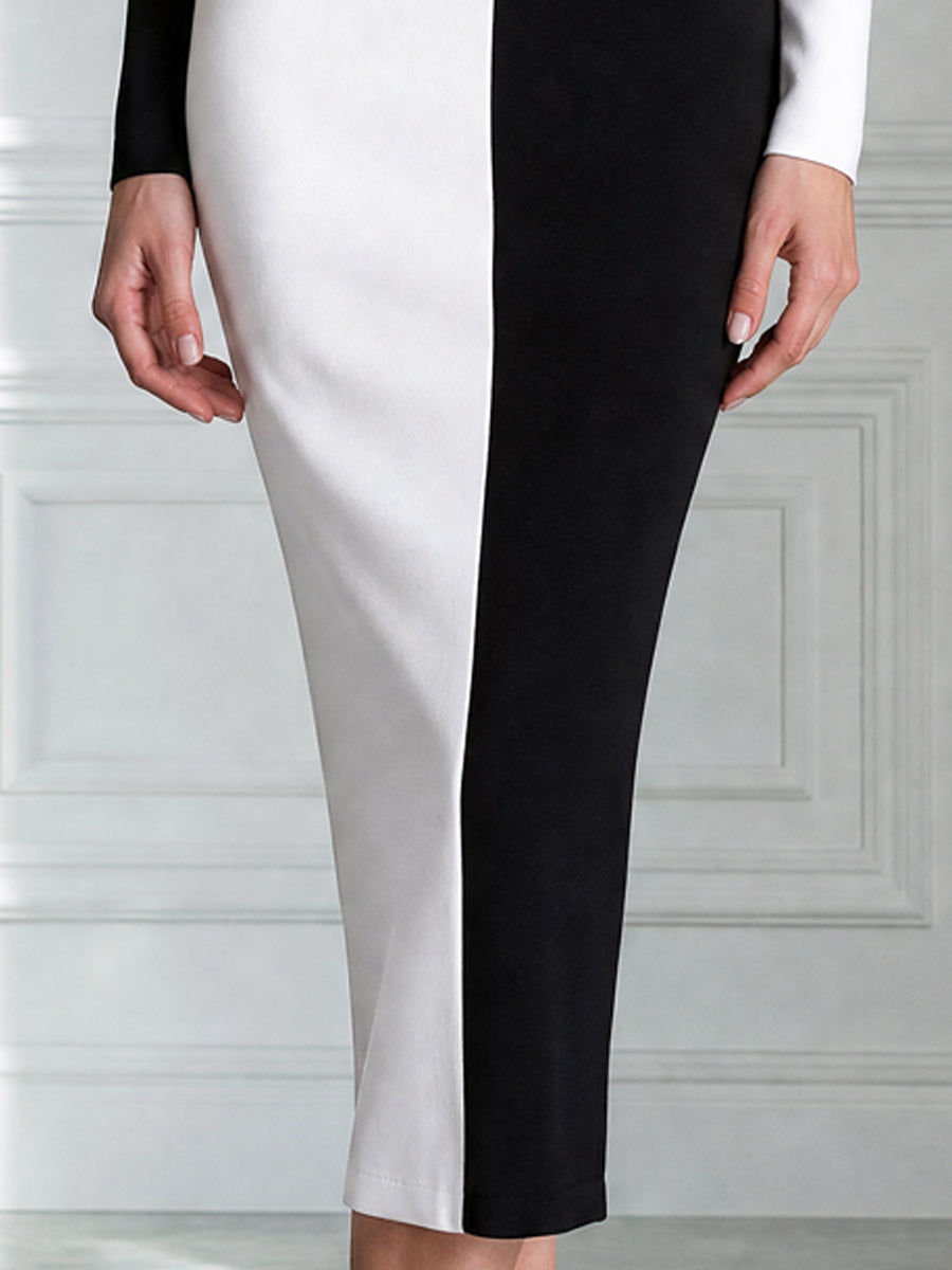 Black And White Color Block Long Sleeve Midi Bodycon Dress