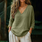 Casual Loose Linen Long-sleeved V-neck T-shirt