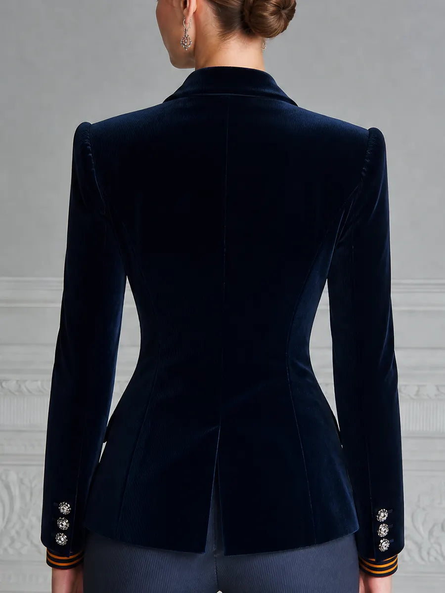 Navy Velvet Embroidered Peak Lapel Blazer