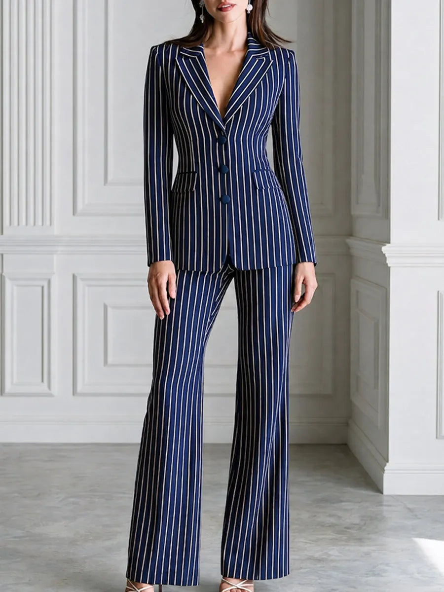 Vertical Stripe Notched Lapel Blazer & Flare Pants Suit