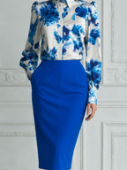 Blue Floral Satin Blouse & Cobalt Pencil Skirt Set