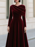 Velvet Draped Off-Shoulder A-Line Midi Dress