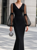 Sheer Puff-Sleeve V-Neck Mermaid Gown
