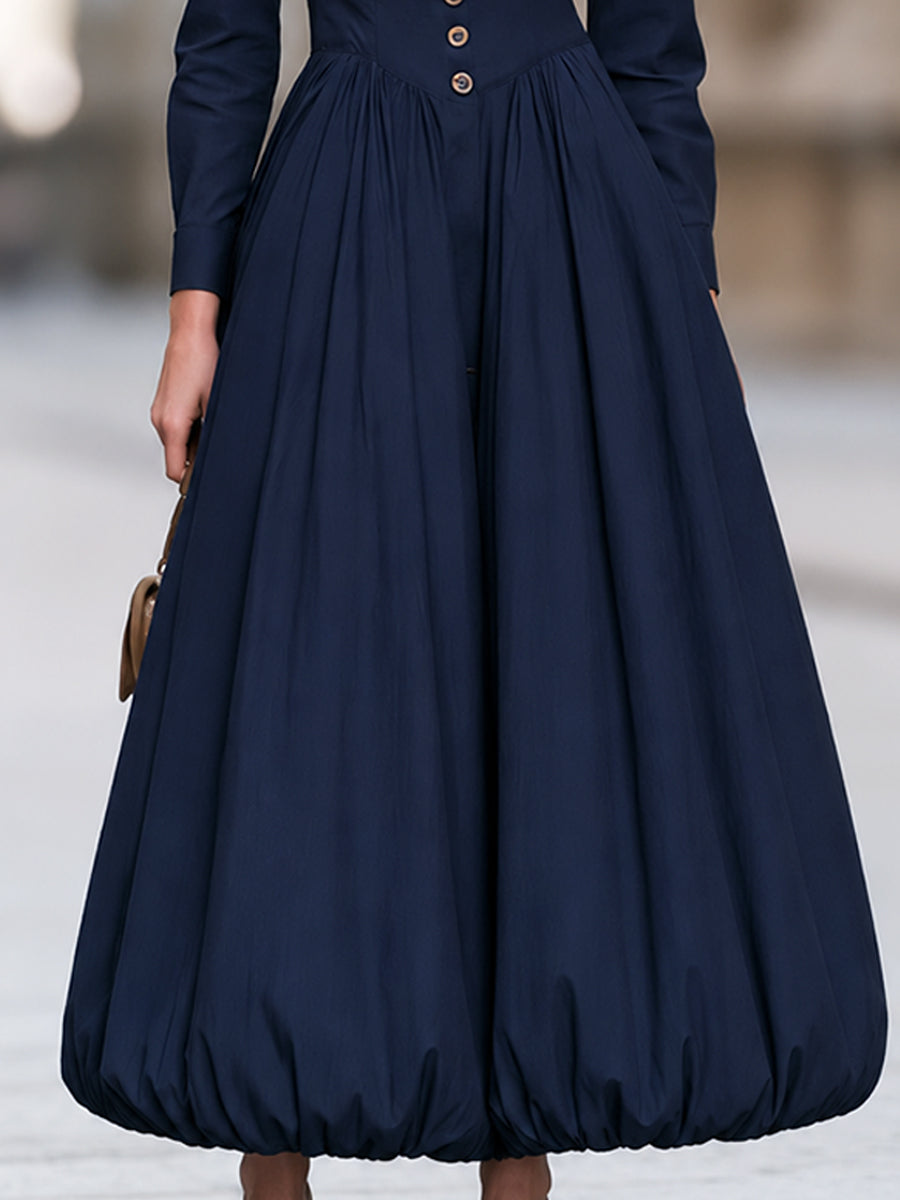 Navy Button Front Long Sleeve A-Line Midi Dress