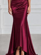 One Shoulder Velvet & Satin Ruched Maxi Evening Gown
