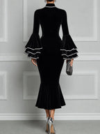Velvet Mock-Neck Tiered Bell-Sleeve Mermaid Midi Dress