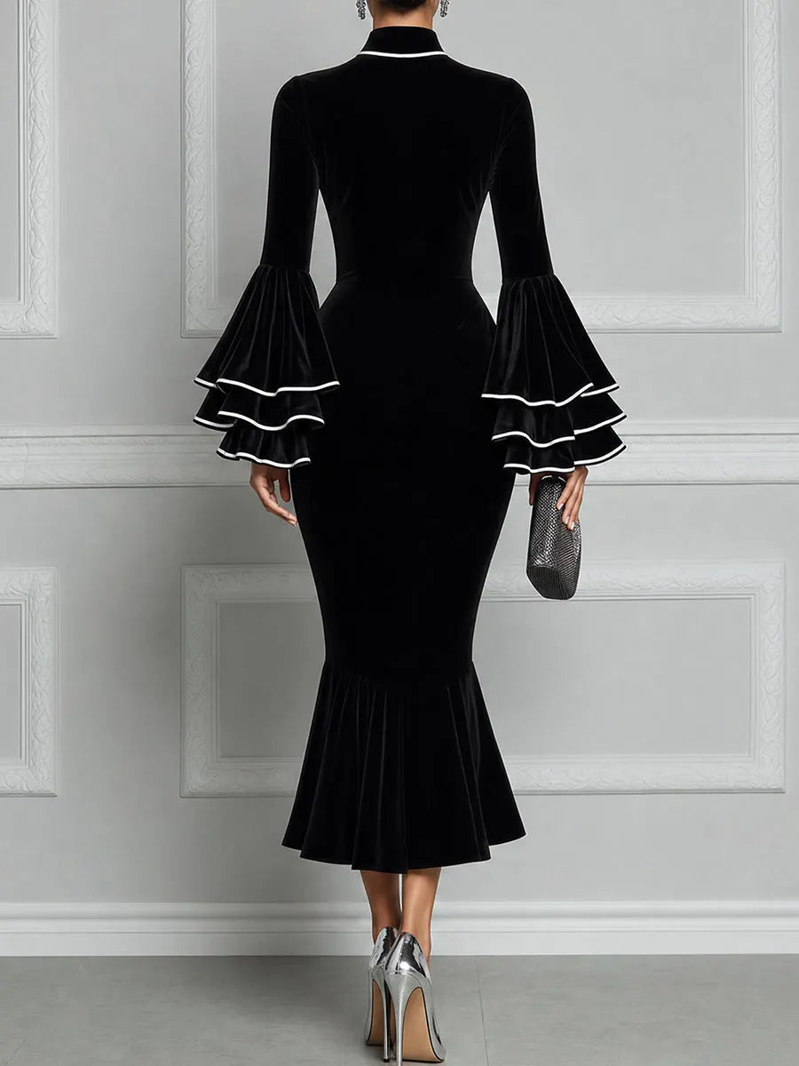 Velvet Mock-Neck Tiered Bell-Sleeve Mermaid Midi Dress