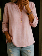 Women's Solid Color V-neck Long-sleeved Casual Loose Cotton And Linen Top