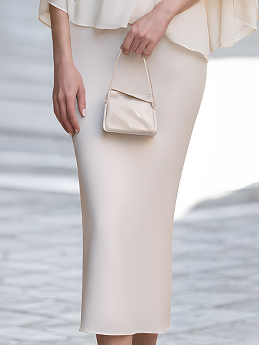 Ivory Lace Panel Draped Cape Blouse With Midi Skirt Set