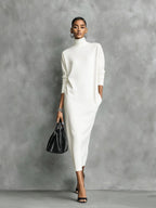 Women's Elegant Black Knitted Turtleneck Long-sleeved Loose-fitting Maxi Dress With No Pockets