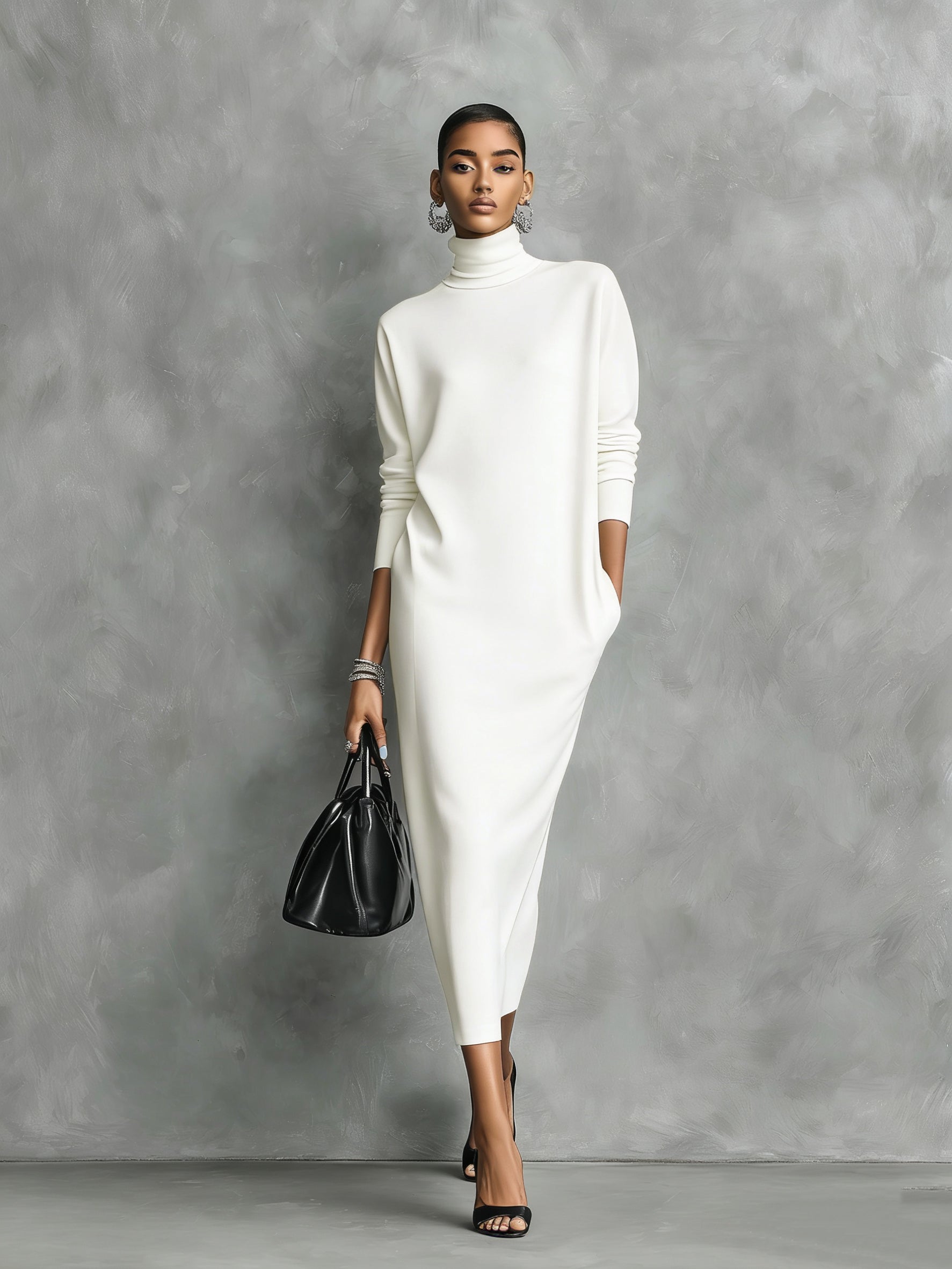Women's Elegant Black Knitted Turtleneck Long-sleeved Loose-fitting Maxi Dress With No Pockets