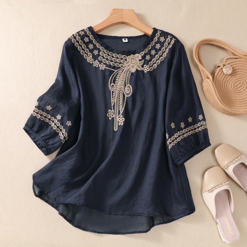 Women's Casual Floral Embroidered Linen Blend Blouse