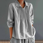 Solid Color Loose Pleated Collar Long Sleeved Shirt