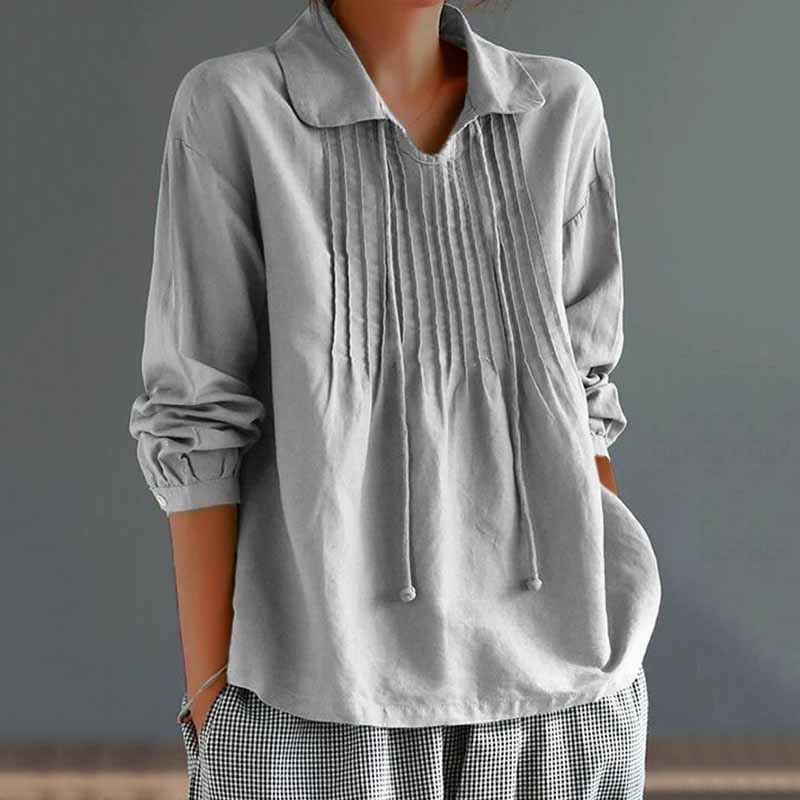 Solid Color Loose Pleated Collar Long Sleeved Shirt