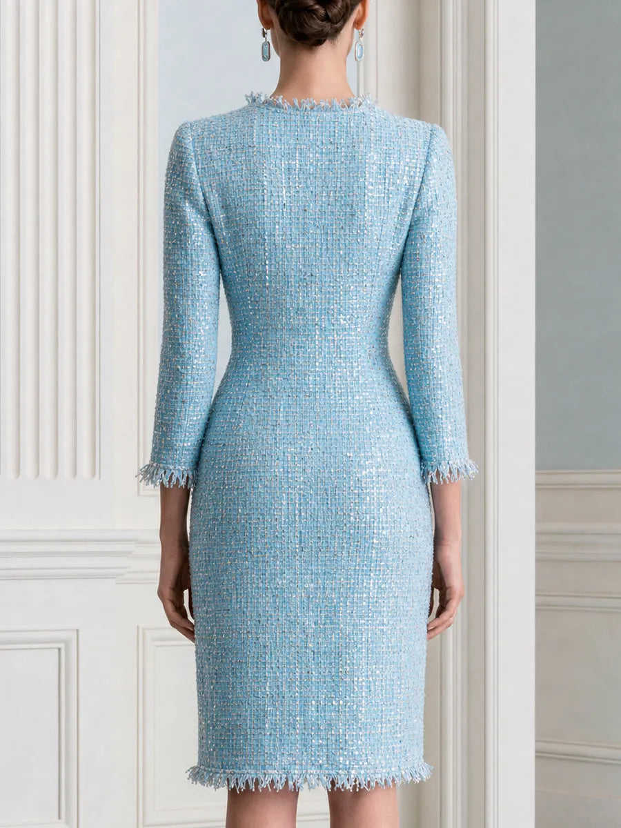 Elegant Sparkle Tweed Pearl Buttons Midi Dress