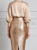 Champagne Satin Shirt Blouse & Sequin Pencil Skirt Set