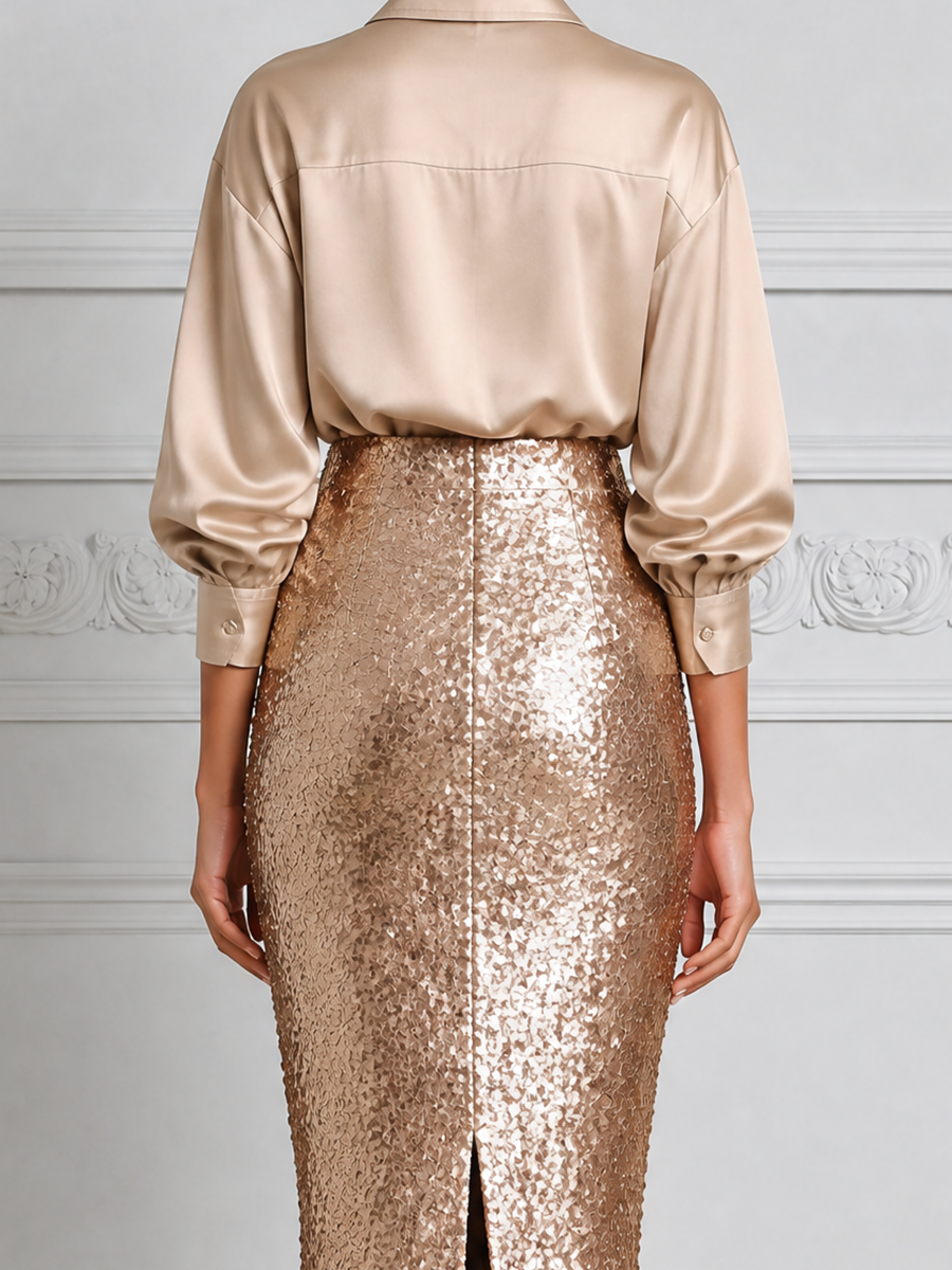 Champagne Satin Shirt Blouse & Sequin Pencil Skirt Set
