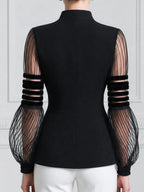 Stand Collar Sheer Striped Mesh Balloon Sleeve Tailored Blazer
