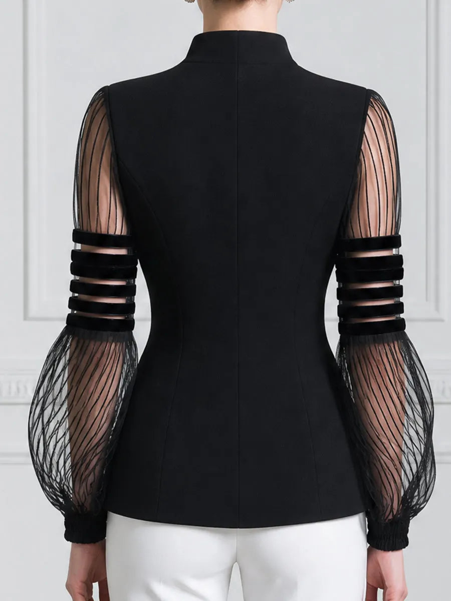Stand Collar Sheer Striped Mesh Balloon Sleeve Tailored Blazer