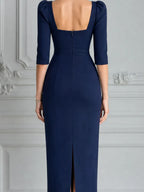 Navy Dress Fall Wedding Guest Dress Embellished Square Neck Pencil Midi Dress