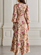 Puff Sleeve Floral Print Waist Tie Belt Midi Dress