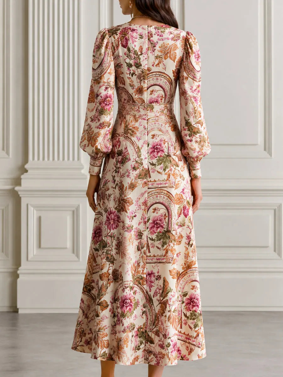 Puff Sleeve Floral Print Waist Tie Belt Midi Dress