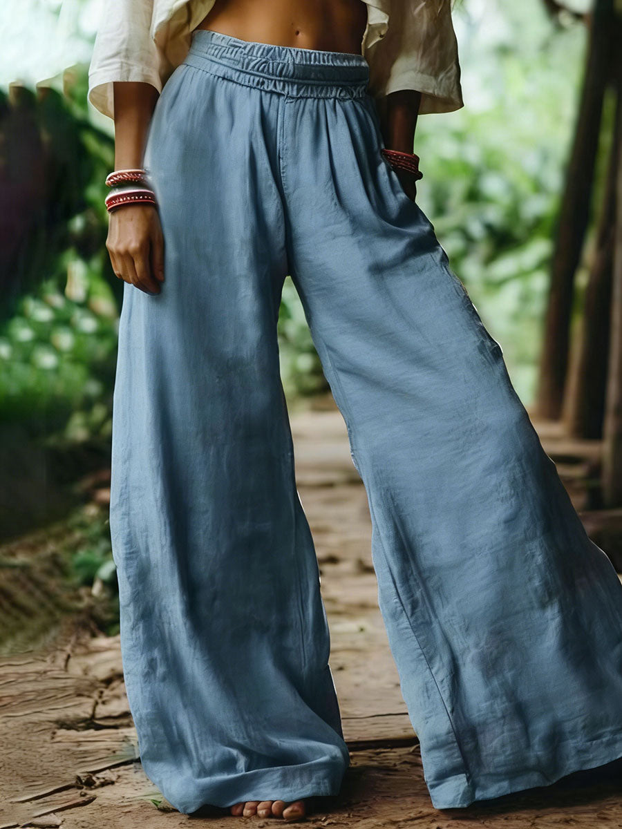Women's Solid-color Elastic Waist Casual Cotton-linen Wide-leg Pants