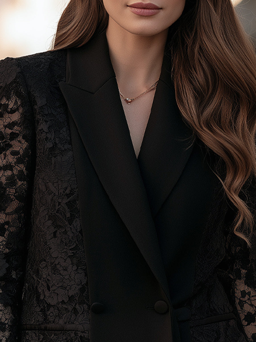 Lace Panel Double-Breasted Blazer