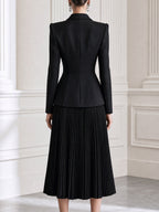 Double-Breasted Blazer & Pleated Midi Skirt Suit Set