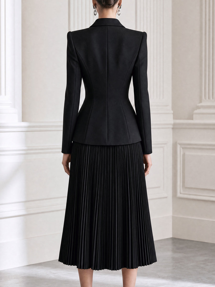 Double-Breasted Blazer & Pleated Midi Skirt Suit Set
